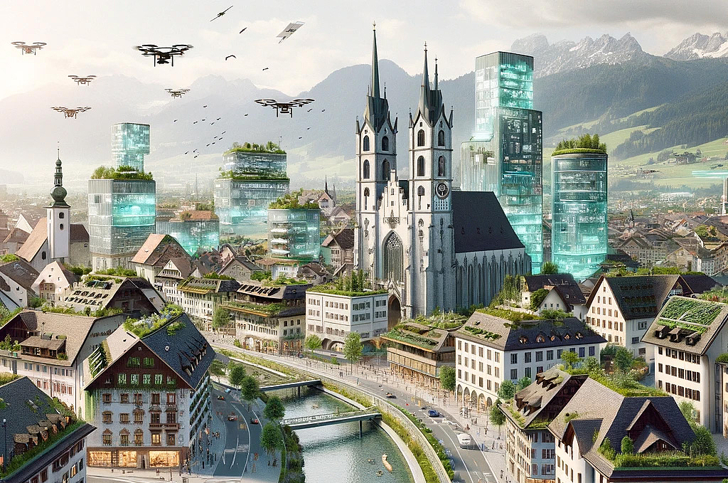 Bild eines futuristischen Feldkirchs im Jahr 2060