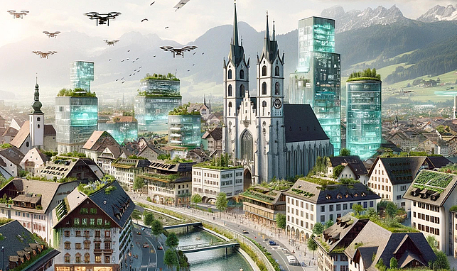 Bild eines futuristischen Feldkirchs im Jahr 2060